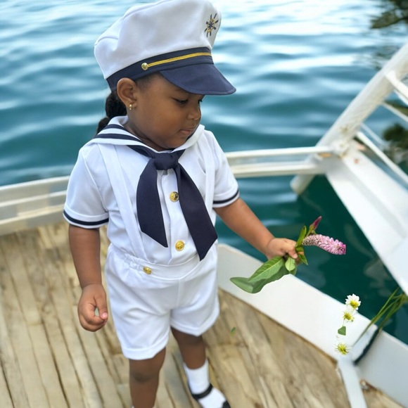 New Baby Toddler Boys Bow Accent Nautical Cap Outfit Set - Picture 3 of 15